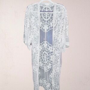Everleigh White Floral‎ Lace Duster Cardigan Sheer Boho Open Front Kimono Small